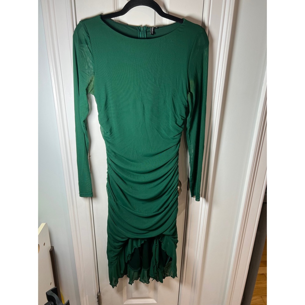 Zattcas Womens Green Mesh Ruched Bodycon Dress Long Sleeve High Low ZA347-GN M